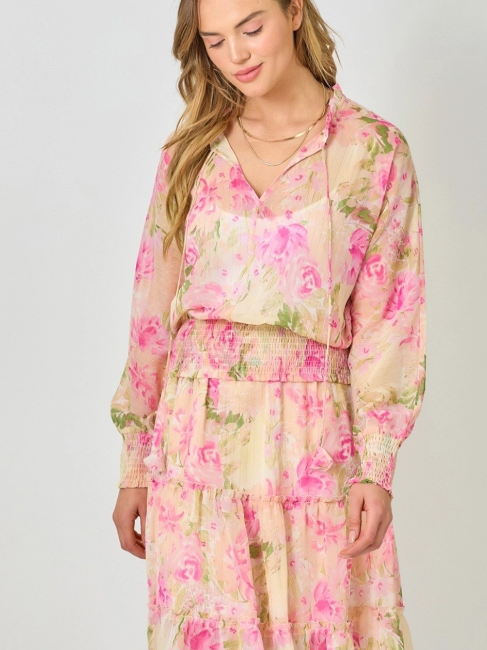 Mystree Pink and Cream Floral Maxi Dress with Gold Accents